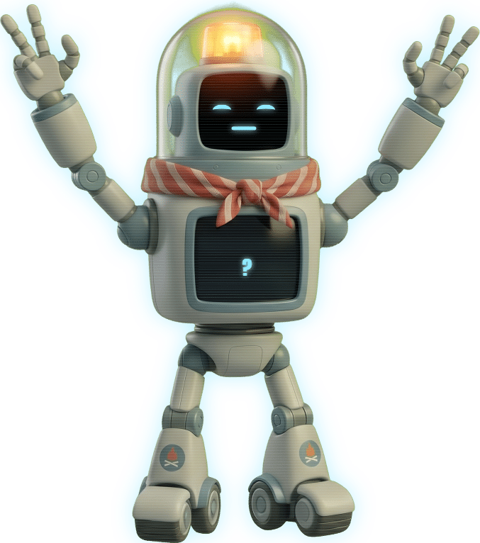 Lumi, la mascota robot, celebrando con los brazos arriba